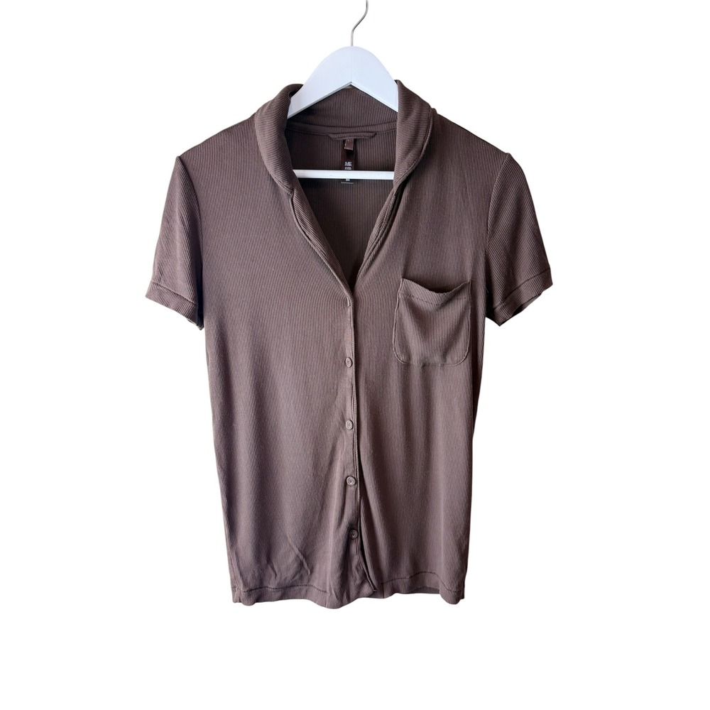 SKIMS Ribbed Pajama Top Brown Short Sleeve Button Down Shawl Collar XXS